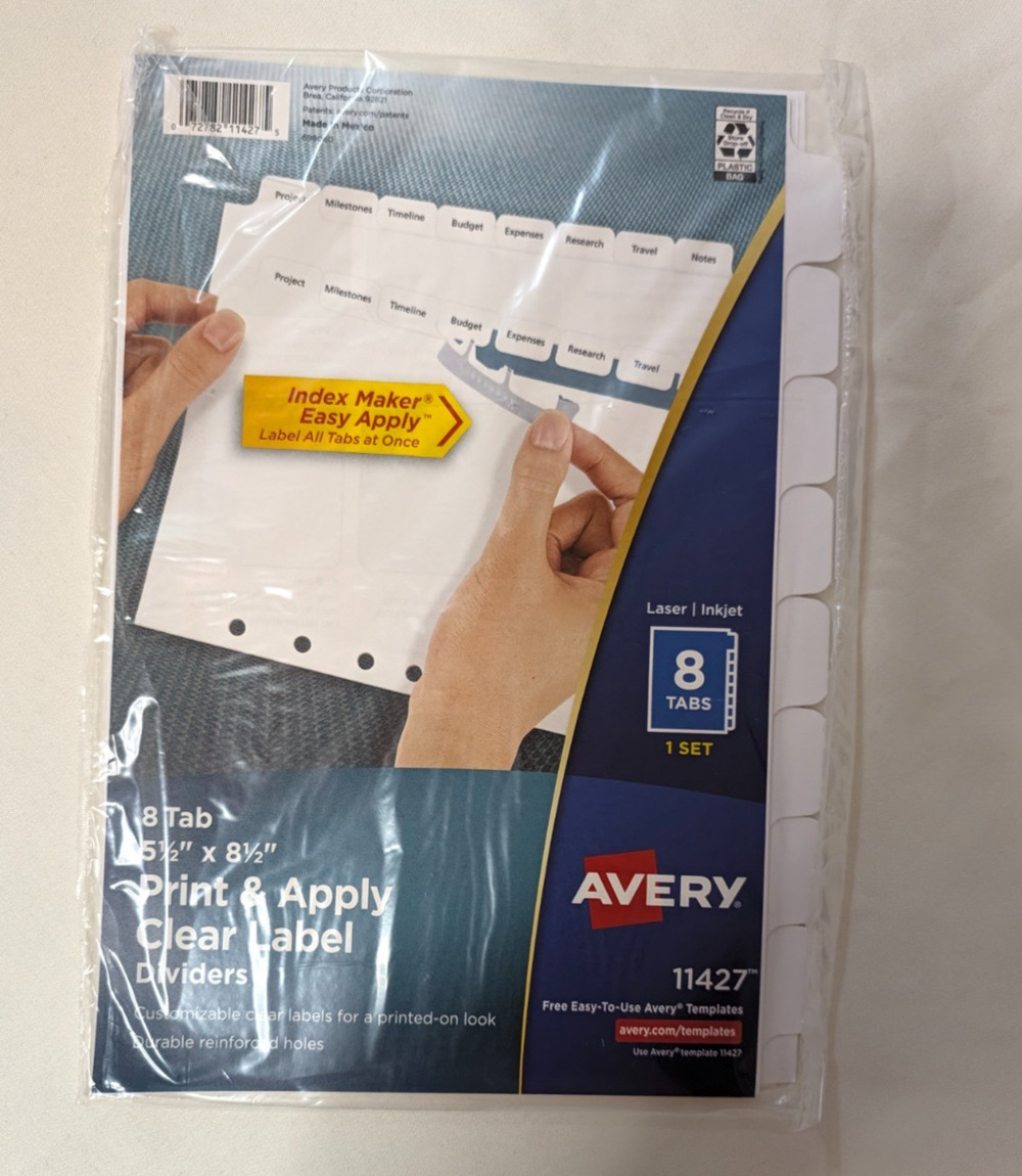 Avery 11427 Index Maker Easy Apply Clear Label Dividers 8-Tab 5.5" x 8.5"
